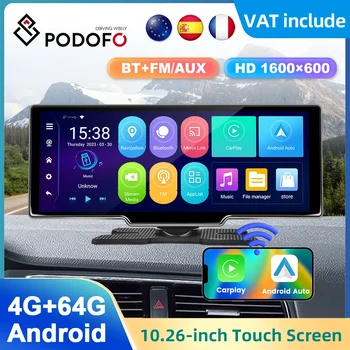 Podofo 10.26 inch 4+64G Carplay Andnoid Monitor Carplay Android Auto Screen WIFI Bluetooth FM Suppport Rear Camera for Car