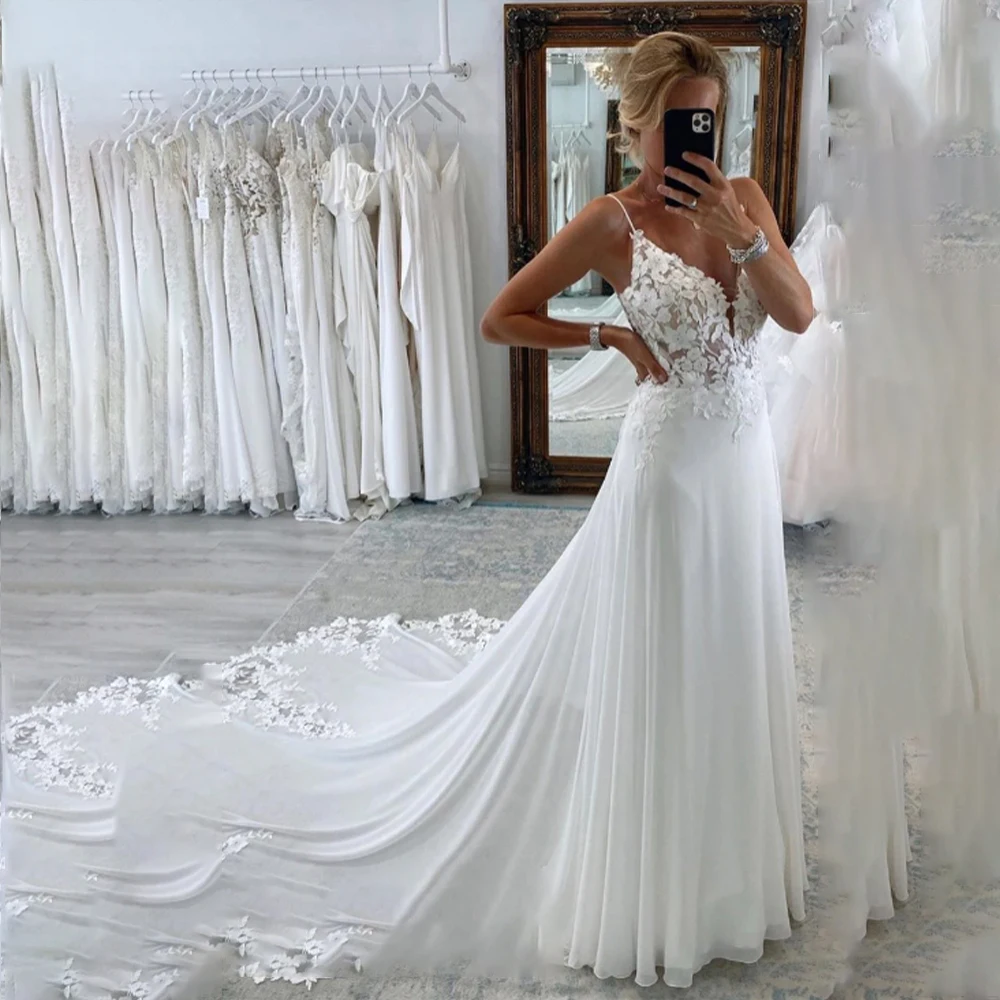 

Sexy Wedding Dresses Haltrer Sweetheart Backless Chiffon Bride Dress with Appliques Draped Bridal Gown Customized robe de mariée
