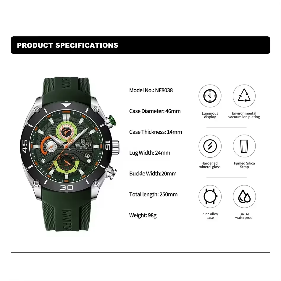 NAVIFORCE Watch for Men Sport Waterproof Quartz Wristwatch Chronograph Military Clock With Luminous Reloj Hombre Male Gift 2024 image 5
