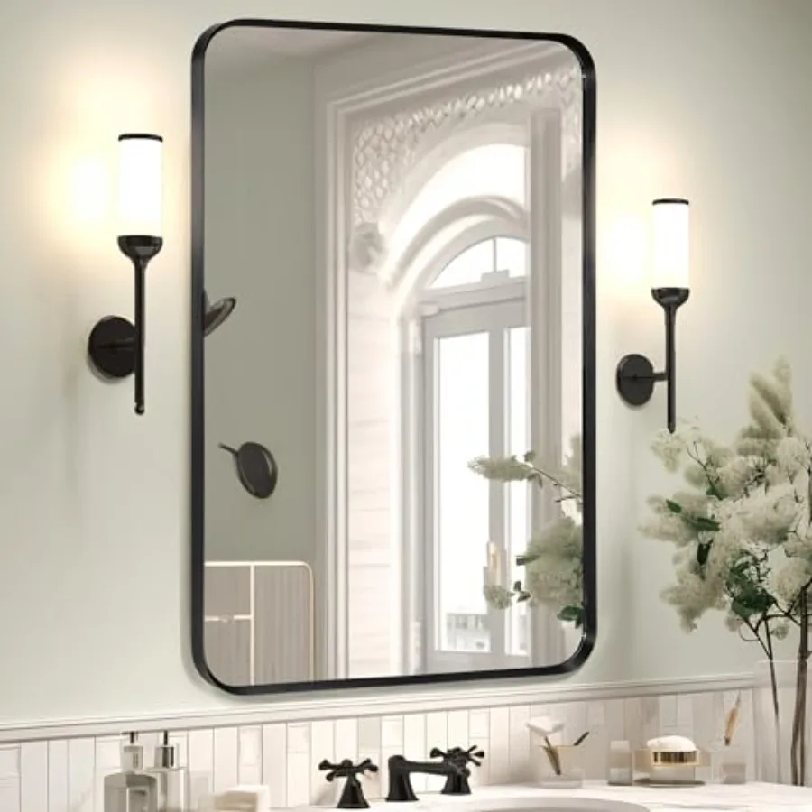 

Wall Mount Mirror for Bathroom, Brushed Metal Framed Rounded Corner Rectangular Vanity Mirror 24" x 36