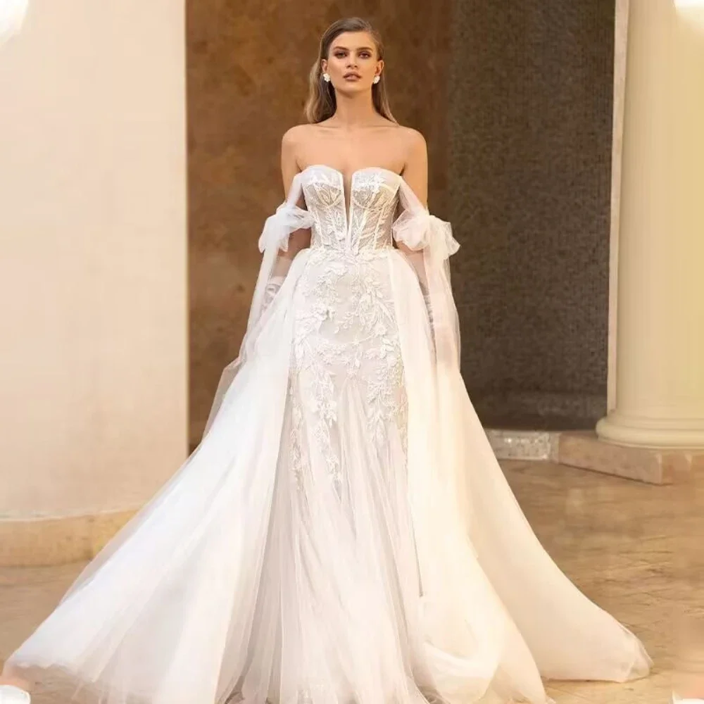 Strapless White Wedding Dresses Cap Long Sleeve Appliques V-Neck Organza Detachable Train Sheath Formal Party Gown Vestidos