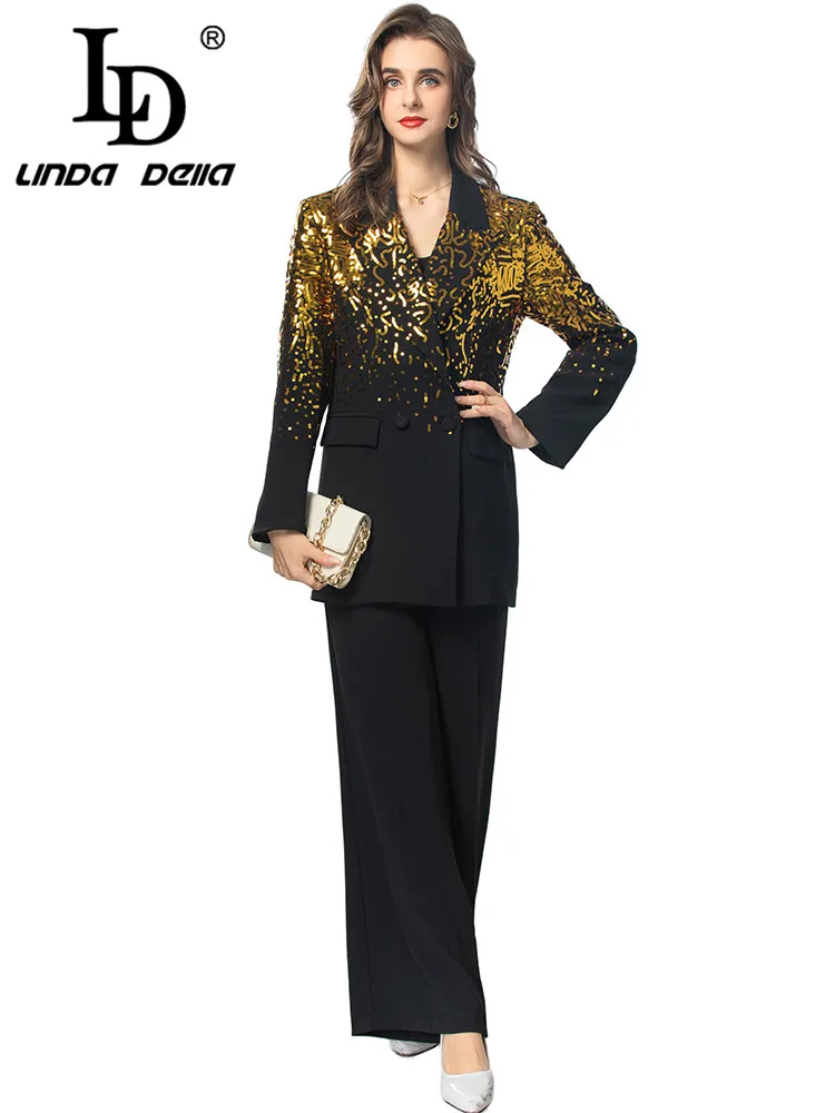 

LD LINDA DELLA Autumn Winter luxury Suit Women's Notched Long-sleeve Sequins Tops+Black Wide leg pants Elegant 2 piece set