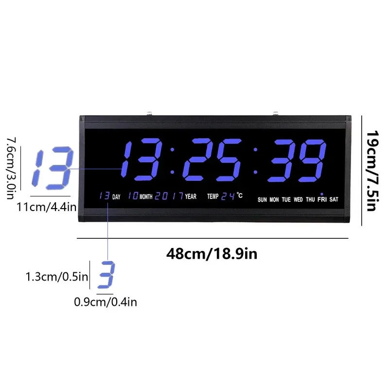 Oversized Digital LED Wall Clock - Plug-in Powered, Auto Dimmer, Big Calendar and Thermometer (Blue Black)