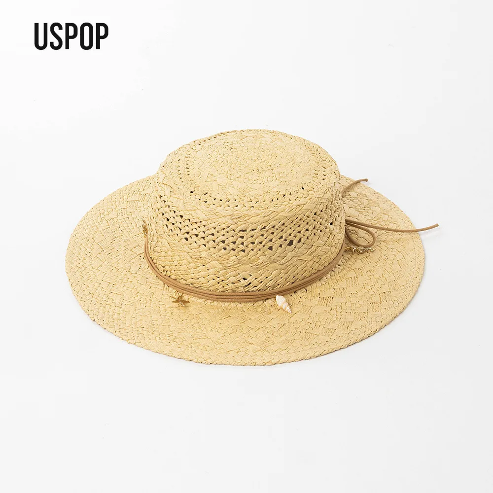 USPOP Spring Summer Women Handmade Paper Straw Sun Hat Shell Chain Wide Brim Flat Top Beach Travel Hat