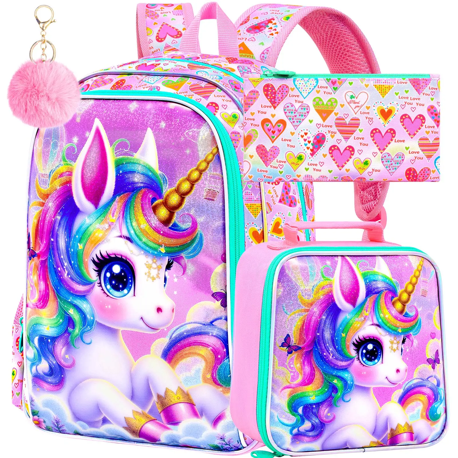 

3PCS Unicorn Backpack for Girls, 16" Kids Backpacks for Girl Water Resistant Preschool, Elementary Bookbag with Lunch Box