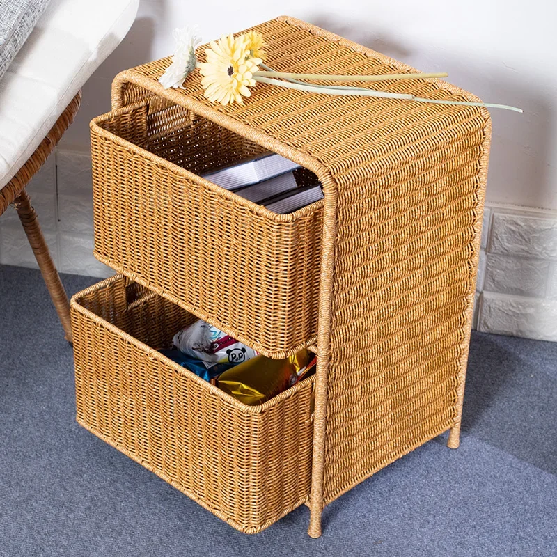 Vintage Rattan Woven Storage Chest of Drawers Side Table for Living Room Bedroom Household - Wicker Storage Rack for Home Use