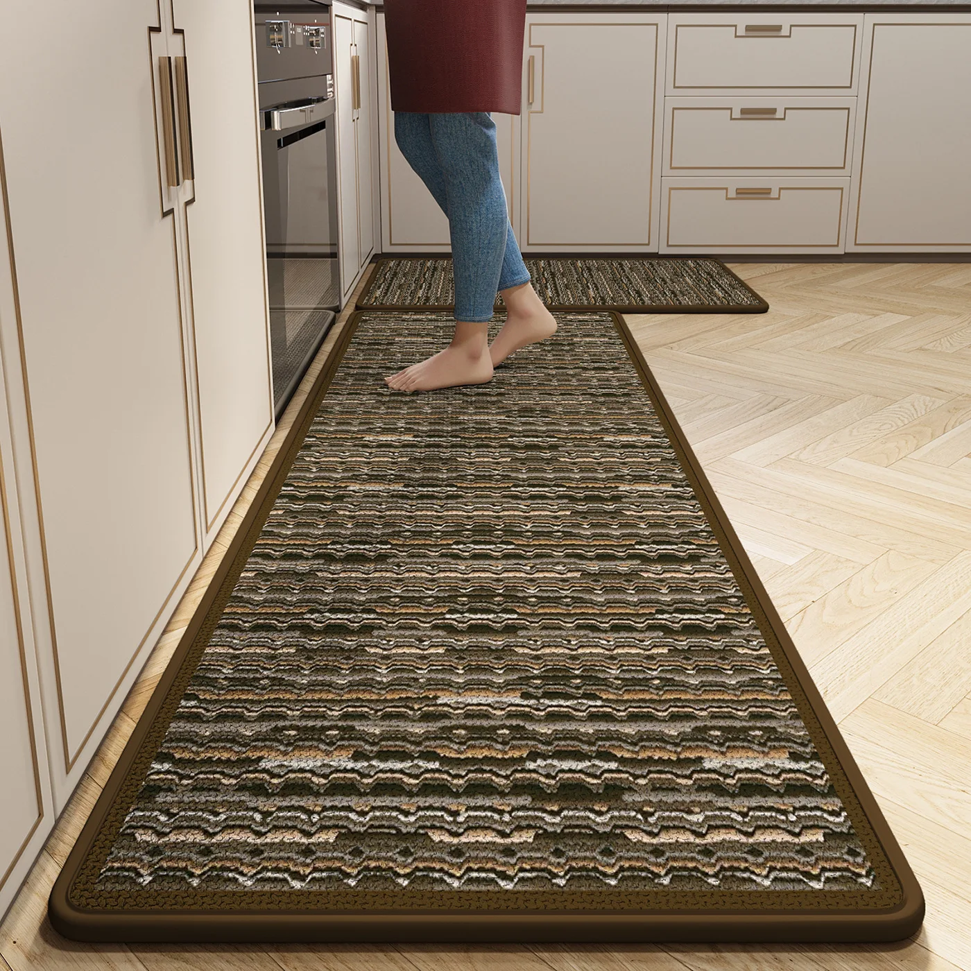 Oil & Water Absorbent Kitchen Mat, Vintage Style Linen Weave Runner, Long Durable Stain Resistant Rug, Non-Slip Rubber Backing