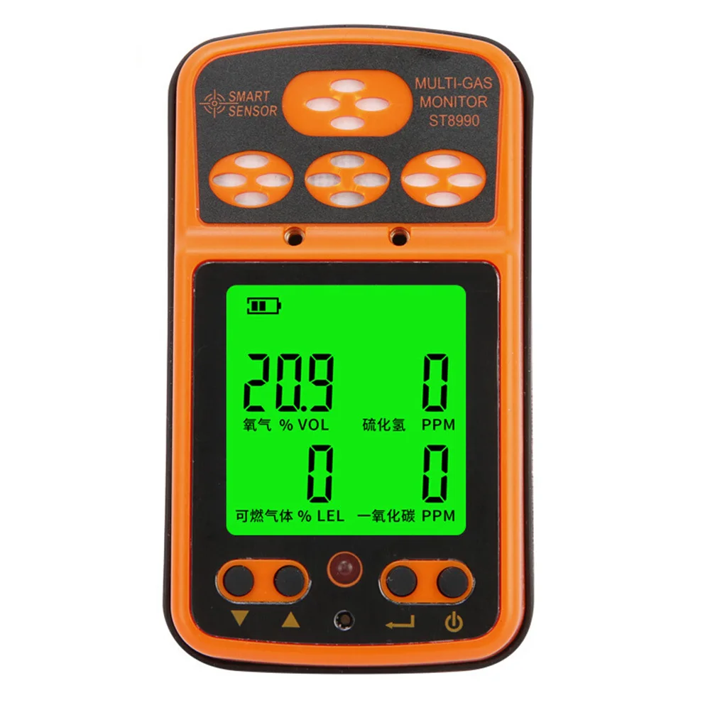 ST8990 Gas Monitor Rechargeable 4 in 1 O₂ LEL CO H₂S Gas Detector Tester Sensor with Backlight Alarm Function