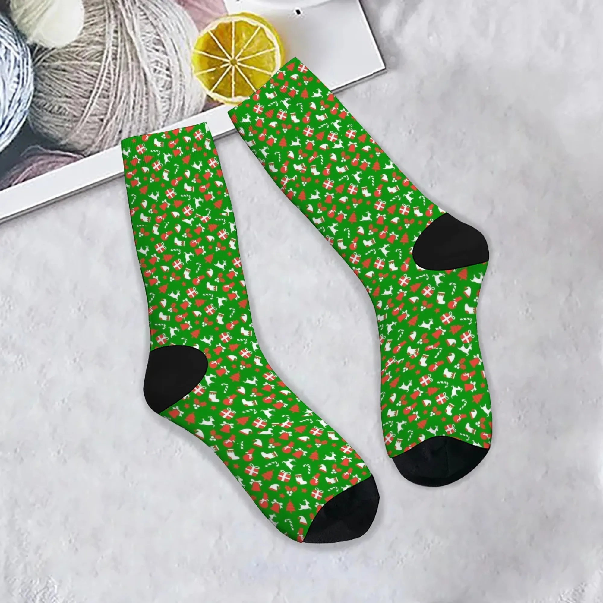 

Christmas-themed Crew Socks Green Base with Red Hearts White Trees & Gifts Festive Color for Holiday Parties & Stocking Stuffers