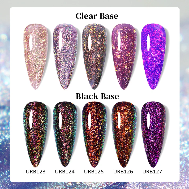 UR SUGAR 7 ml Auroras Glitter-Gummi-Basisgel, funkelnde lila Pailletten, Chrom, semi-permanent, Soak Off Nail Art UV-LED-Lack