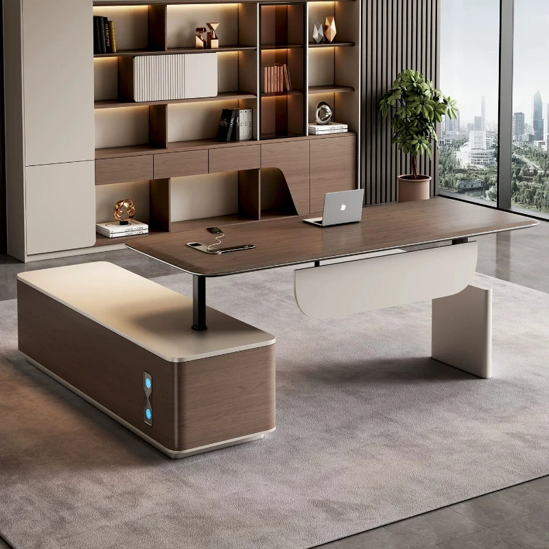 T*-Modern L-Shaped Executive Desk with Side Cabinet, Walnut & Off-White Finish, Large Workstation for CEO Office*-