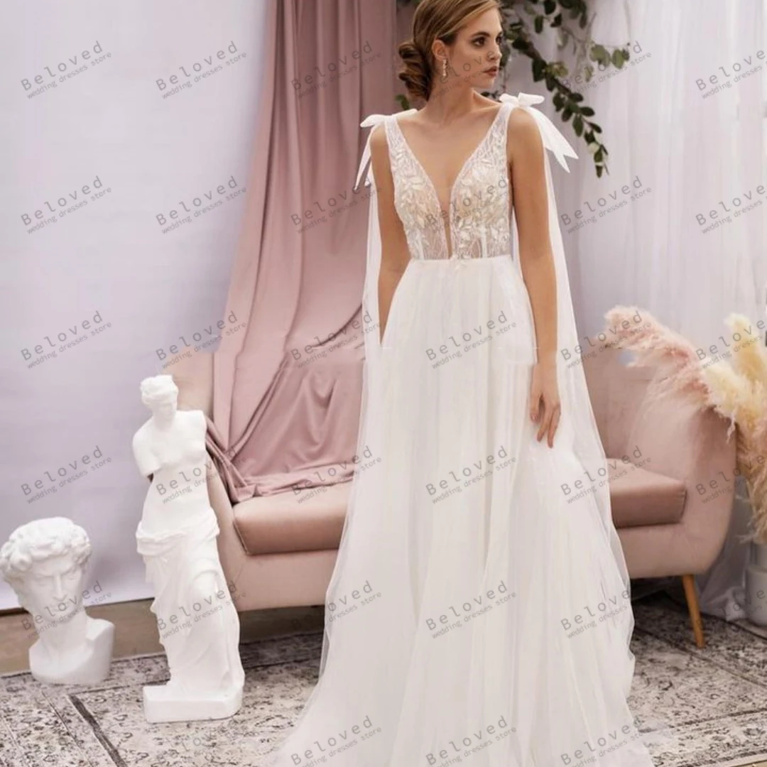 Vestidos de casamento graciosos Lace Appliques, vestidos de noiva sem mangas Backless, até o chão, Robes sexy para noivas