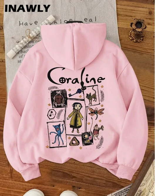 

Уютная женская толстовка с рисунком Coraline 2025, повседневный пуловер на шнурке с карманом-кенгуру, идеально подходит для осени и зимы