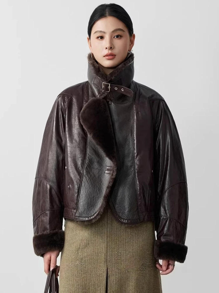 

Short Winter Genuine Leather Goose Down Jackets for Women 2026 New High-end Simple Loose Soft Real Sheepskin Shearling Down Coat
