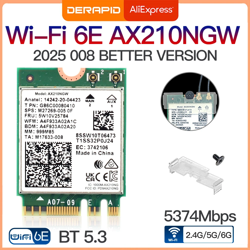 

WiFi 6E AX210 Wireless Card 5374Mbps BT5.3 Tri-Band 2.4GHz/5GHz/6GHz 802.11ax High-Speed Network Adapter AX210NGW Fow Win10/11