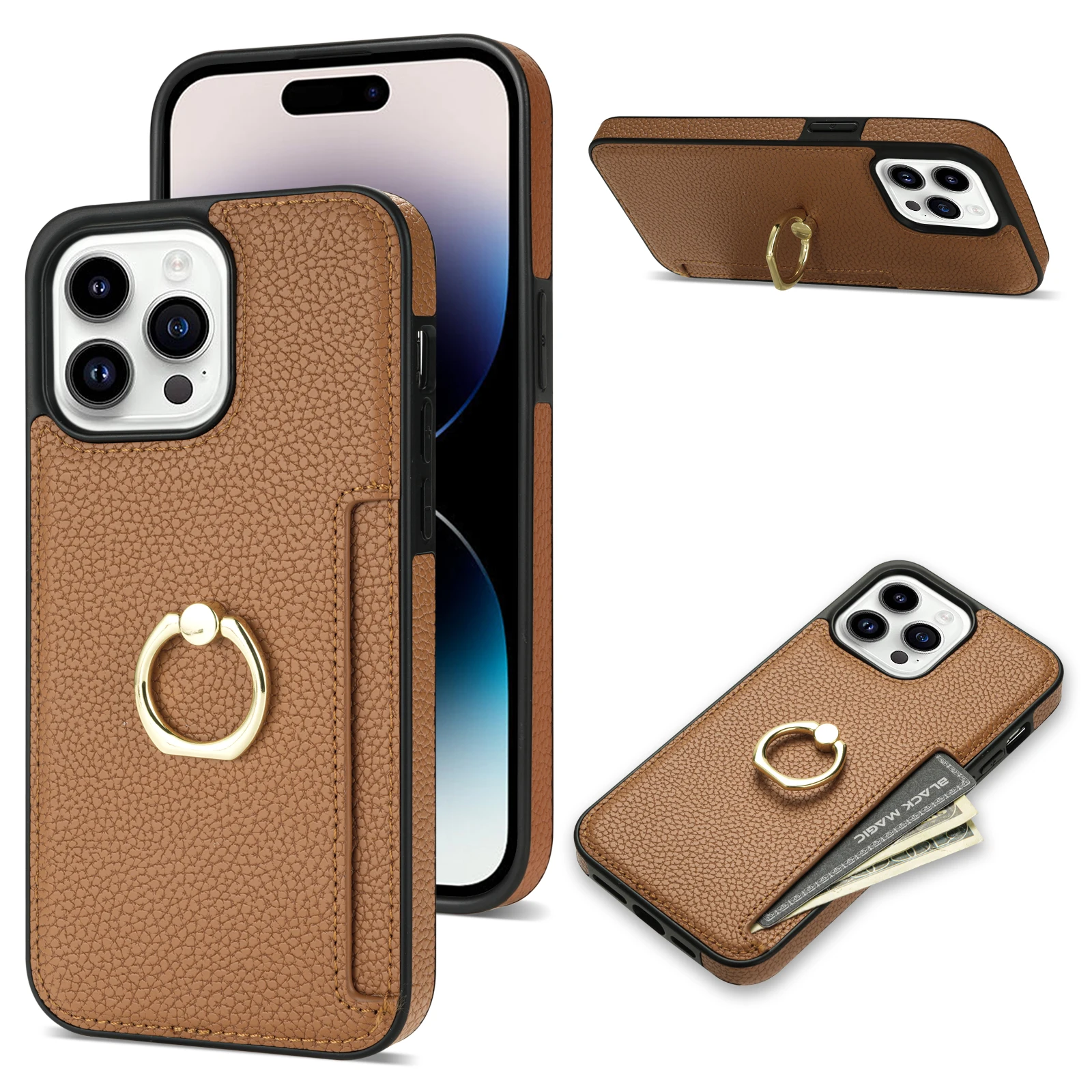 Ring Holder Card Solt Leather Wallet Phone Case for IPhone 15 14 13 12 11 Pro Max XS XR X 7 8 Plus SE 2022 Litchi Stand Cover