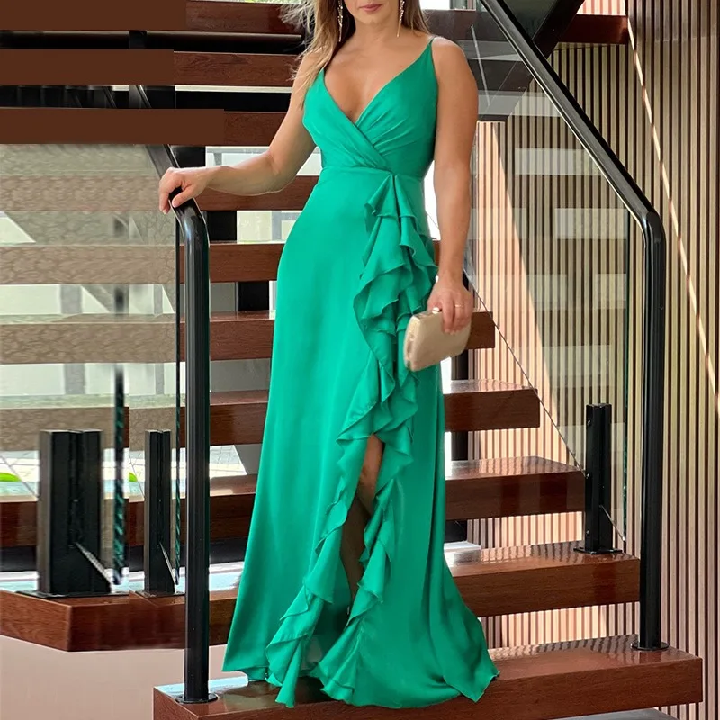 

Elegant Chic Slit Flounce Solid Long Dress Women Sexy Deep V Neck Camisole Maxi Vestidos 2024 Summer Lady Fashion Club Outfit