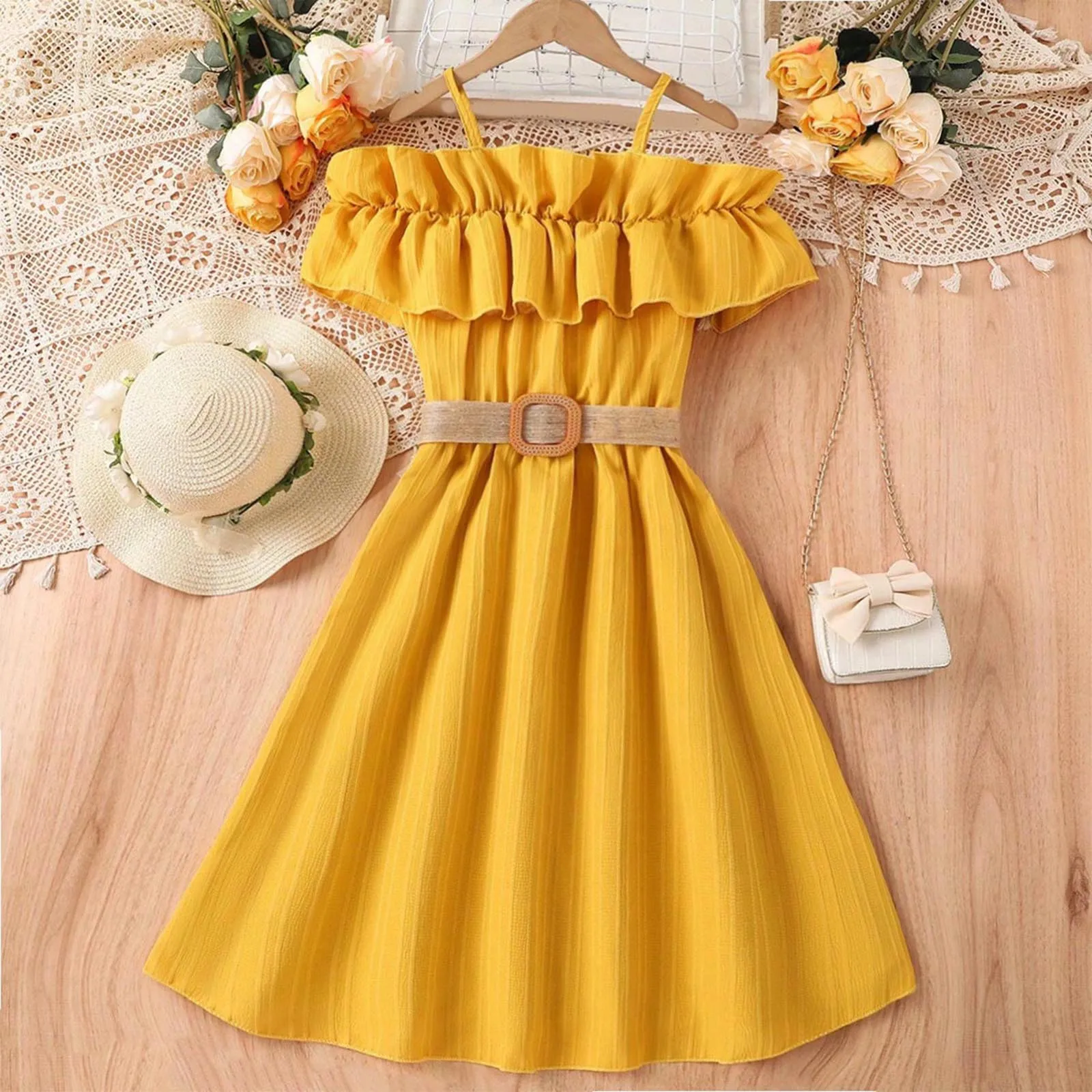 7-12 Years Elegant Evening Prom Dress Kids Summer Solid Color Ruffles Formal Pageant Princess Dress Girls Swing Dress With Belt