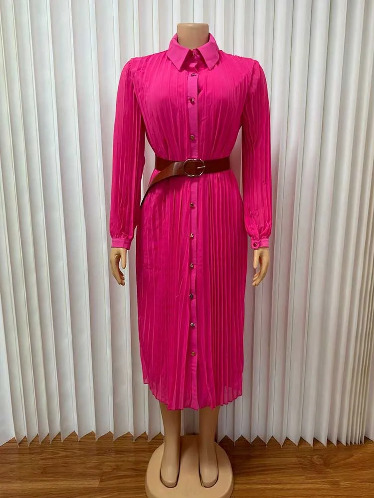 Chic Kleid Elegante Frau Herbst Kleidung Langarm Plissee Kleid mit Gürtel Licht Mid-länge Kleid Großhandel Dropshipping