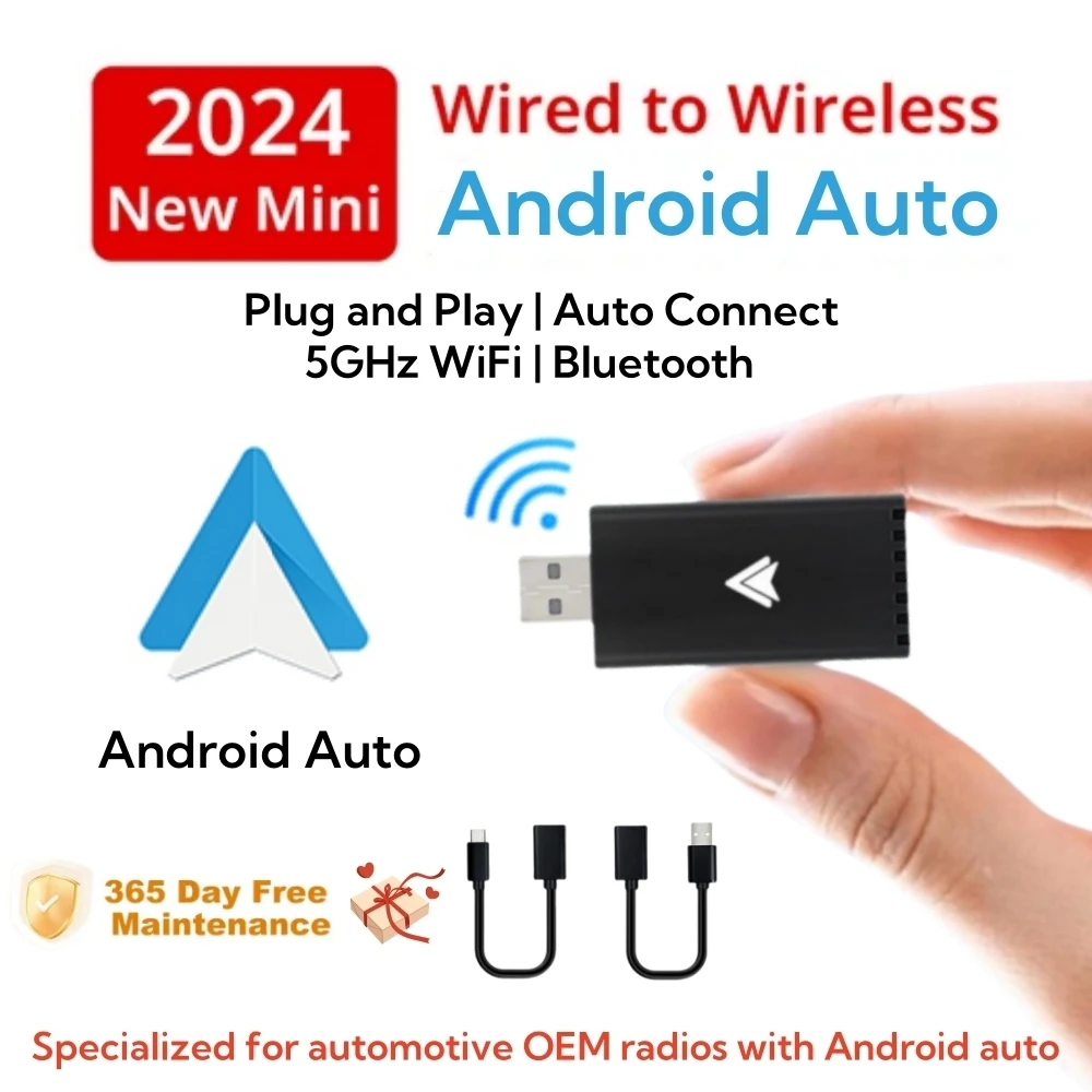 Mini upgraded Android Auto wireless adapter for converting OEM wired AA to wireless Android Auto in-car USB Plug & Play player