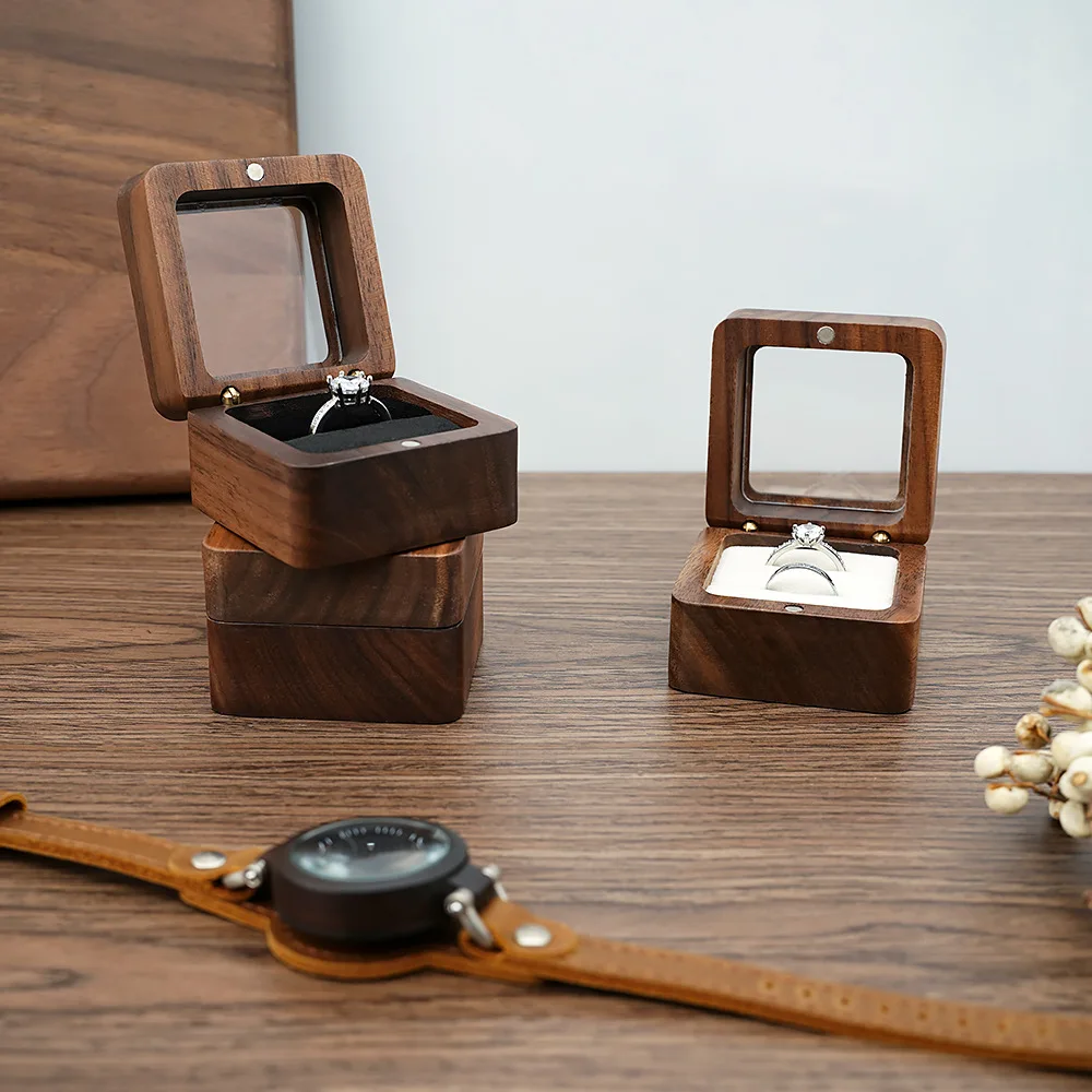 Black Walnut Solid Ring Box Single Double Ring Box Earrings Box Cufflinks Box Vintage Wooden Ring Box Exquisite Gift Box