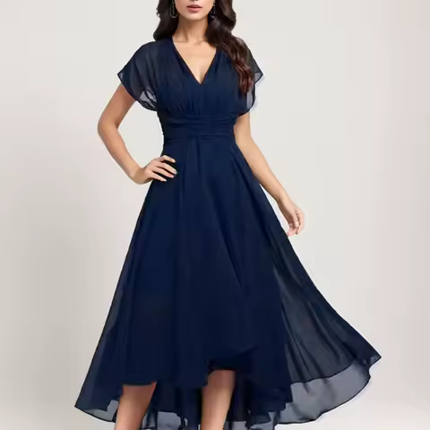 Elegant Women Chiffon Short Sleeve Long Dress V-Neck High Waist A-Line Evening Party Dress Tulle Cocktail Formal Dress Vestidos