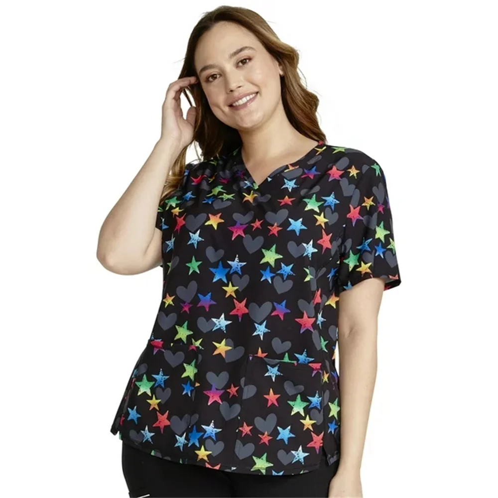 Uniforme d'infirmière vétérinaire à manches courtes pour femmes, haut à imprimé floral mince, col en V, double poche commandée, gIslande, t-shirt