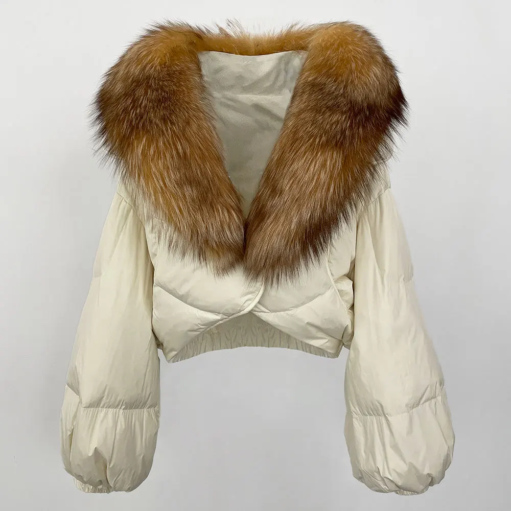 Frauen Langarm Puffer Jacke Luxus Lose Echt Fox Pelzmantel Kurze Weiße Ente Unten Jacke Mode Lässig Winter Weibliche Warme