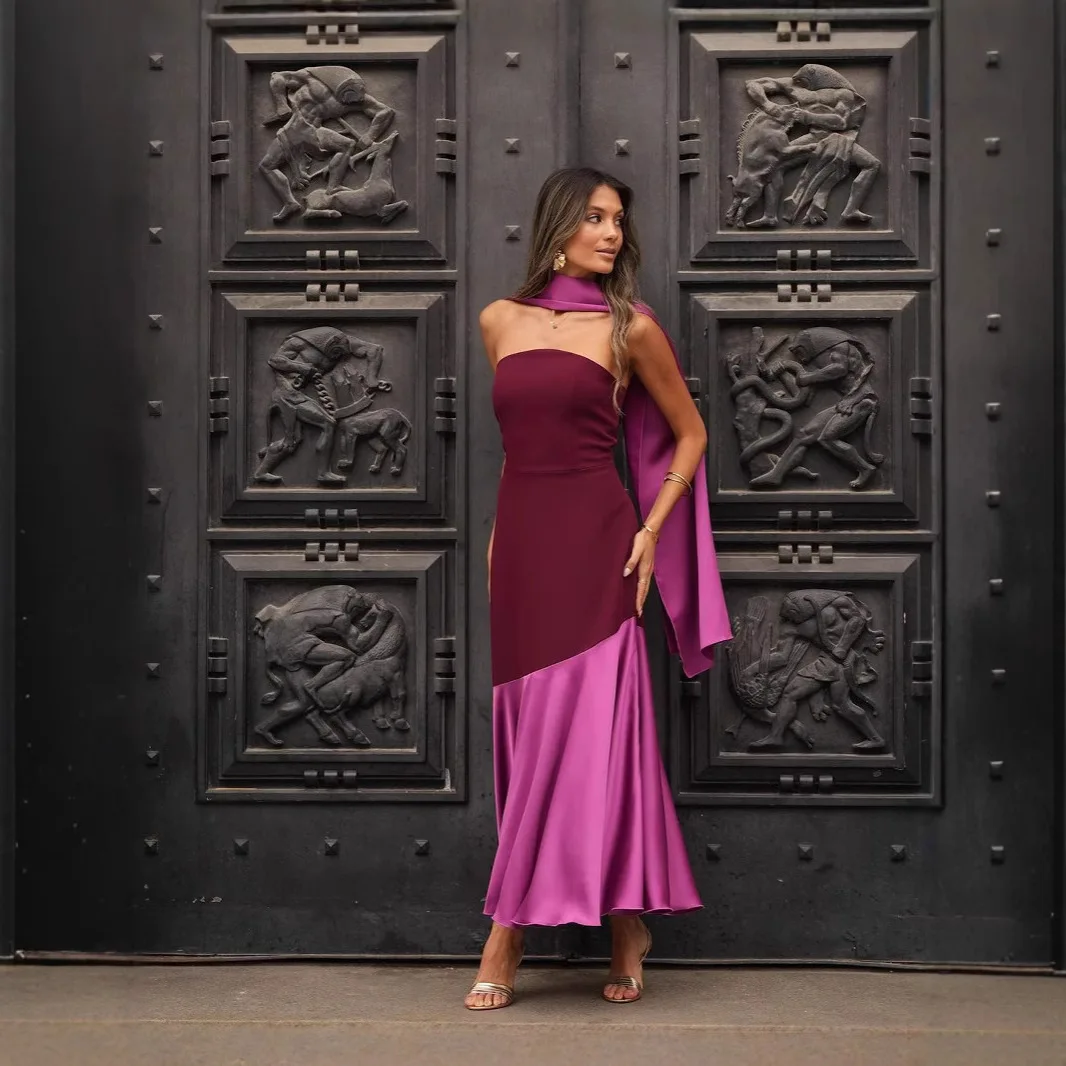 

Women's Wrap Dresses Purple Shawl Neck Base Long Contrast Draped Pleated Backless Dresses Party Club Evening Temperament Elegant