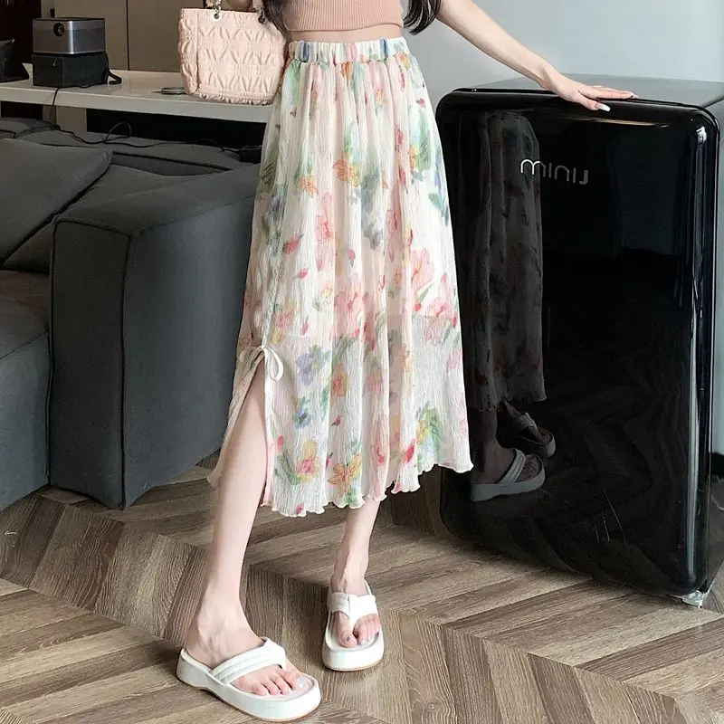 Summer Wrap Skirt Women Casual Chiffon Tie-Waist Ruffle Wide Leg Loose Floral Side Split Elegant Skirts Beach A-line Skirts S715