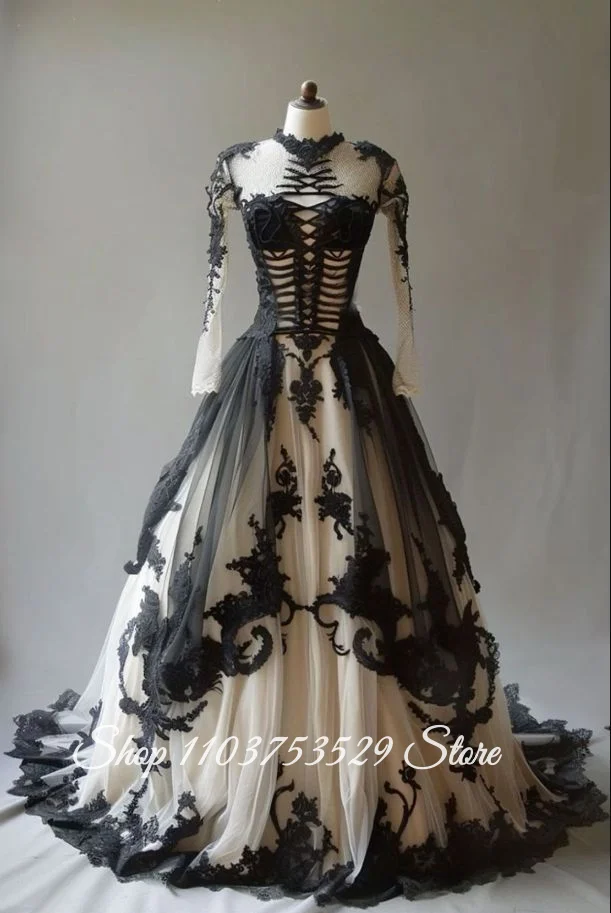Customise Vintage Gothic Black White Wedding Dress Embroidered Lace Corset Bridal Gown Themed Wedding Special Occasion Ball Gown