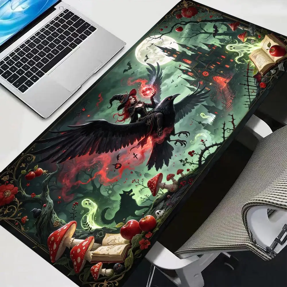 Witch Crow Moon Castle Desk Mat Smooth Cloth Surface Non Slip Rubber Base Precision Tracking For Home Dorm