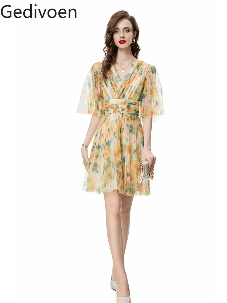 

Gedivoen Summer Fashion Runway New Designer Petal Sleeve Printing Floral High Quality Polyester Beach Style A-LINE Mini Dress