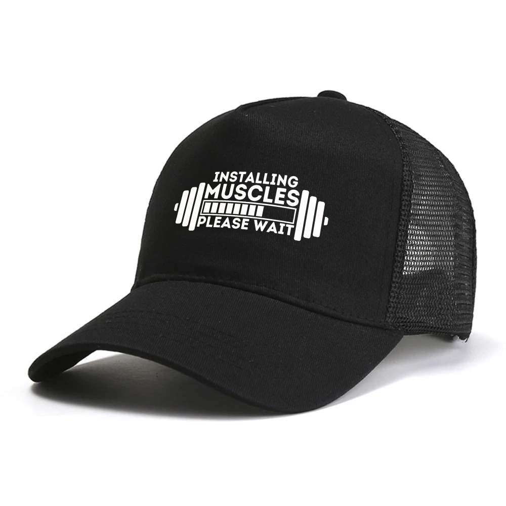موضة جديدة تثبيت العضلات يرجى الانتظار تحميل شريط طباعة قبعة بيسبول للجنسين الرجال النساء الصيف قبعة شبكية قبعات سائقي الشاحنات عادية