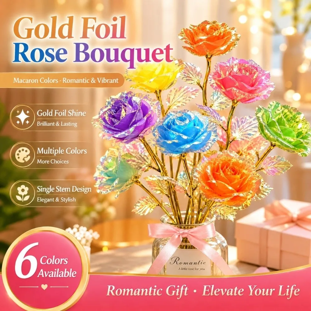 Colorful Gold Foil Rose Flower Handcrafted Photography Props Eternal Roses Fade Resistant Gifts Simulated Rose Bouquet