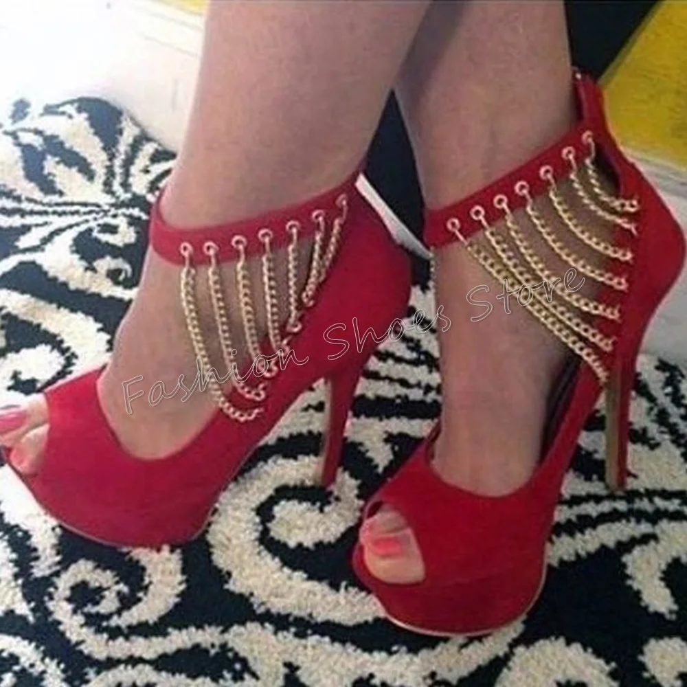 Red Peep Toe Chain Decor Pumps Back Zipper Stilettos High Heels High Heel Shoes for Women Heels 2024 New Zapatos Para Mujere