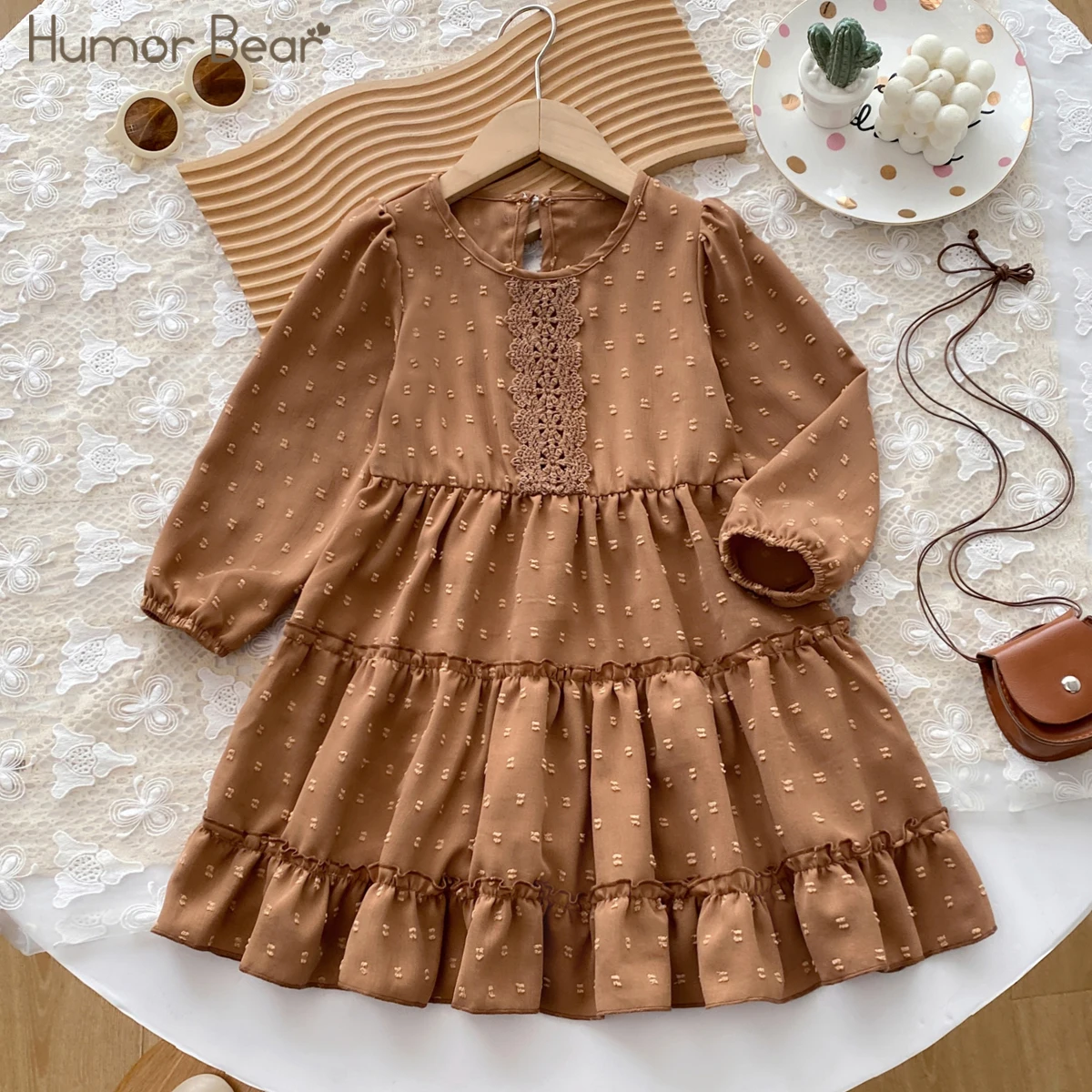 Humor Bear Autumn Cake Skirt Three-Dimensional Polka-Dot Lace-Embellished Dress Children’s Fashionable Princess Dress