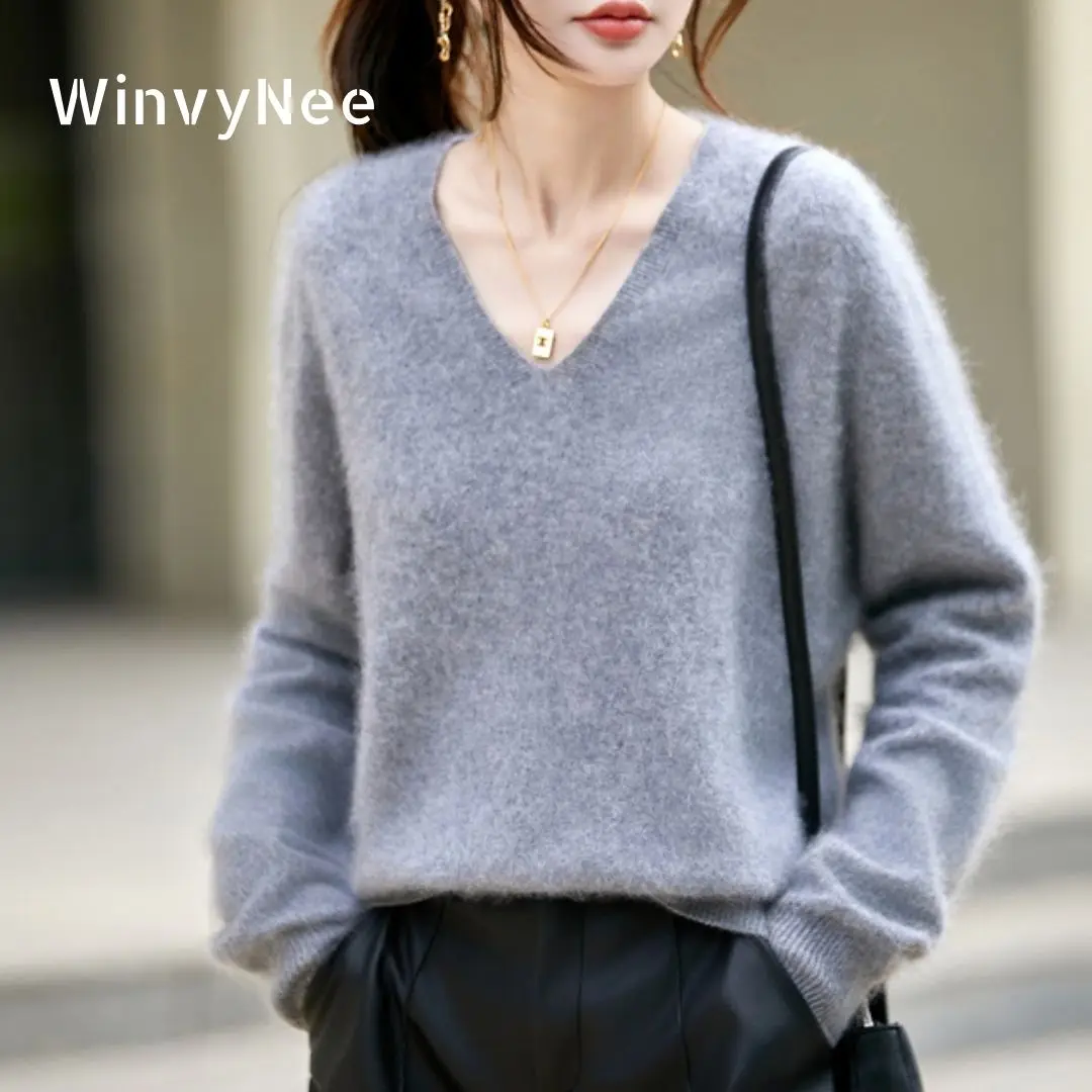 WinvyNee בגדי נשים לחורף חולצות מבד צמר מבריק V צוואר אפור חם סוודרים קז'ואליים רכים סולידיים סריגה פולאובר A1713002