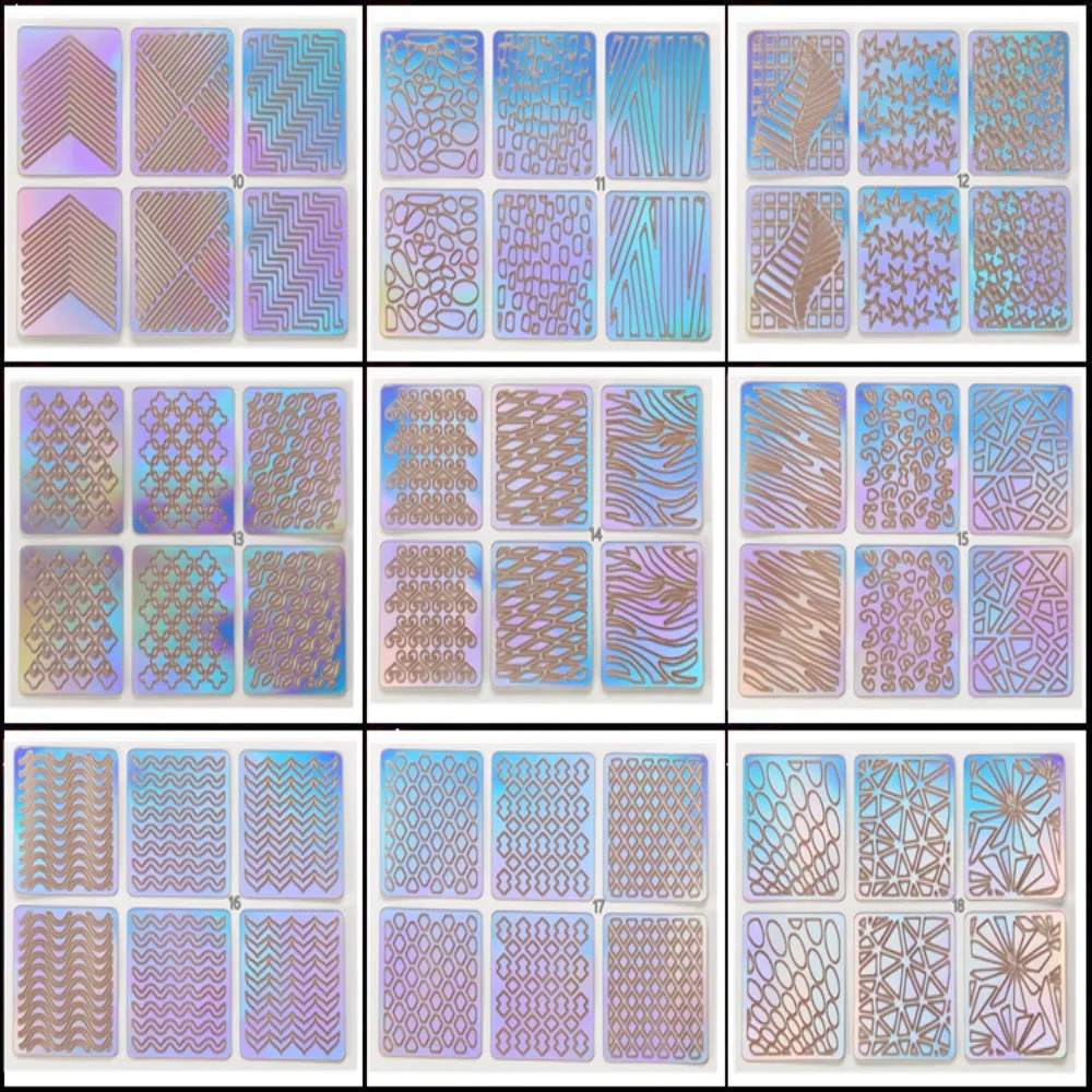 6/12/24/26 個レーザーネイルステッカーセットホログラフィック中空絵画テンプレート DIY マニキュアデザインネイルアートステッカーマニキュアツール