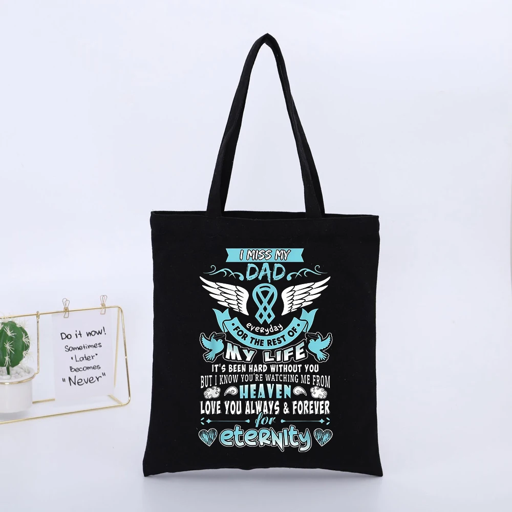 Men's Memorial Ribbon and Wings Slogan Print Canvas Tote Bag, Casual Style for Daily Use