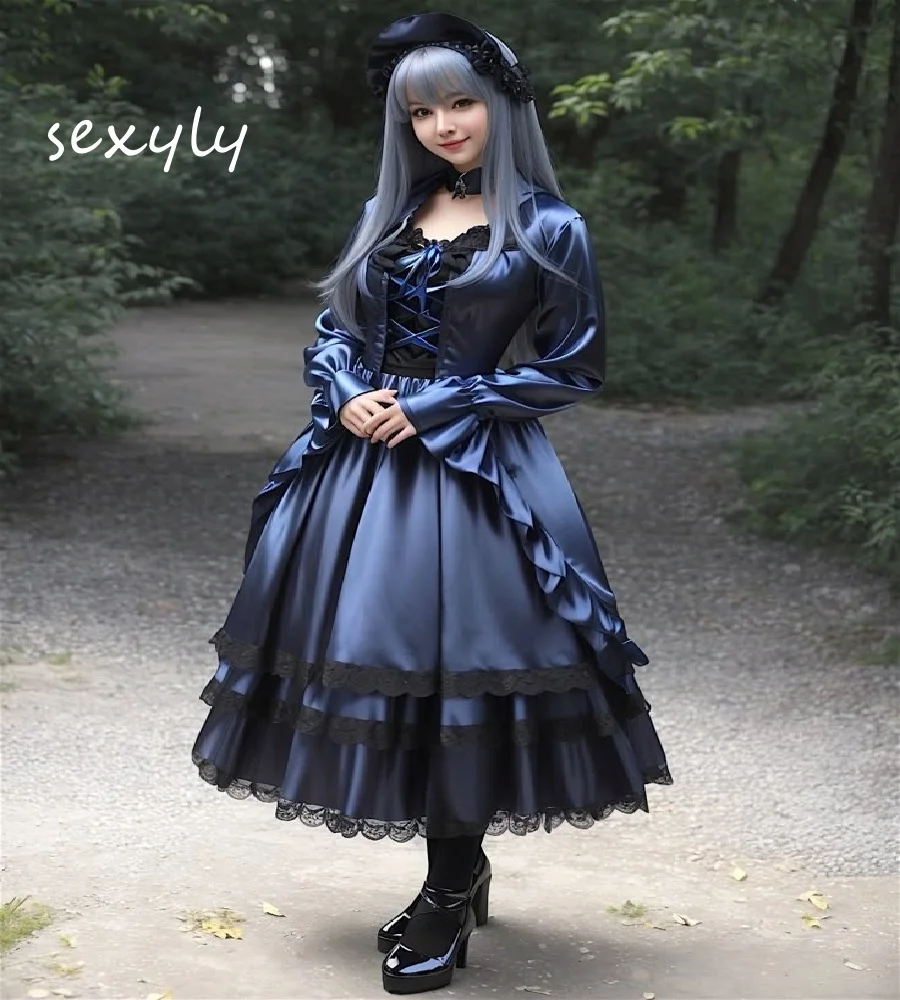 

Темно-синие платья для выпускного вечера для косплея, 2021, японское вечернее платье Лолиты с длинным рукавом, черный кружевной коктейльный костюм, праздничная одежда по индивидуальному заказу