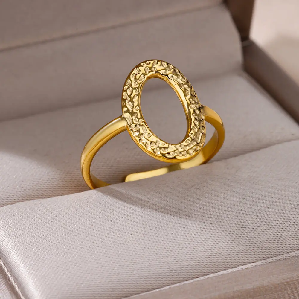 Minimalist Stainless Steel Hollow Oval Open Ring for Women Retro Gold Color Adjustbale Geometric Finger Ring Wedding Jewelry