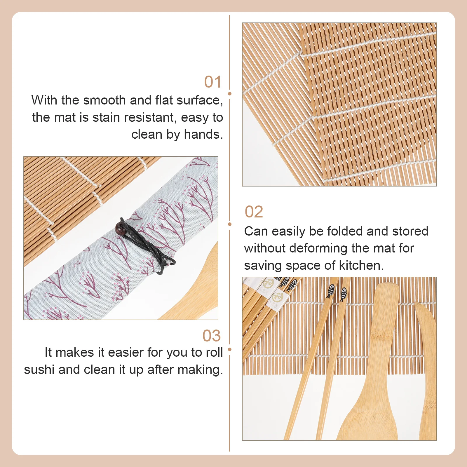 

1Set Sushi Making Supplies Bamboo Mats Chopsticks Spoons Wide Range Uses Bento Roll Prep Kitchen Tool Sushi Mat