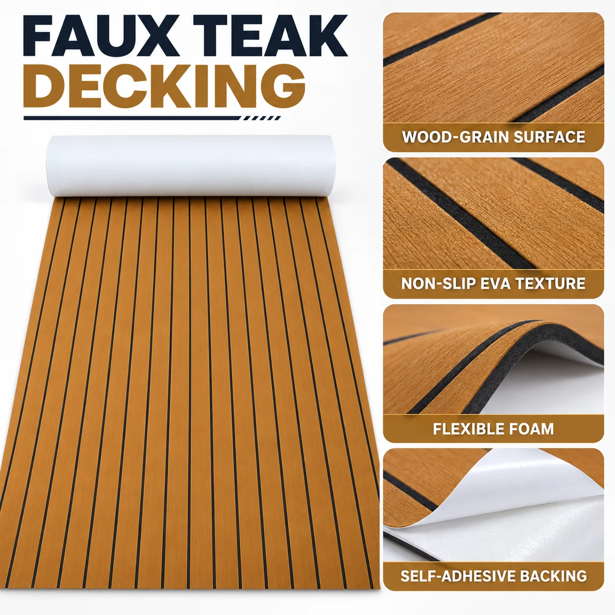 EVA Foam Boat Flooring Faux Teak Self Adhesive Non Slip Marine Decking Mat for Yacht RV Boat Deck Replacement and Installation