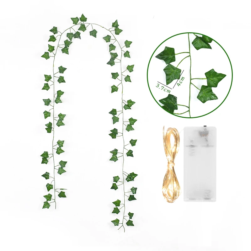 2Meter Silk Fake Green Leaf Ivy Vine with LED Lights String for Home Bedroom Decor Wedding Glowing Artifical Plant Garland Decor