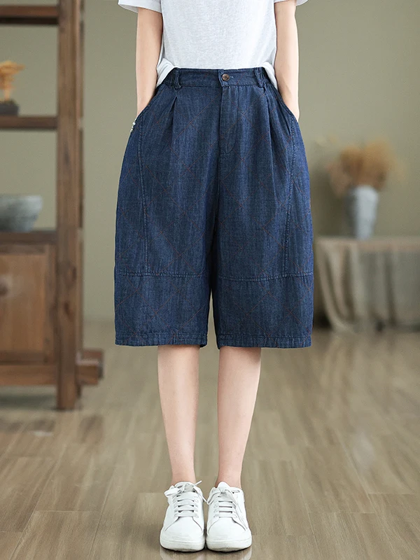 

Women's Cotton Denim ort Pants Waed Blue High Waist Wide Leg Summer Casual Loose Fit Five-Quarter Length Trousers