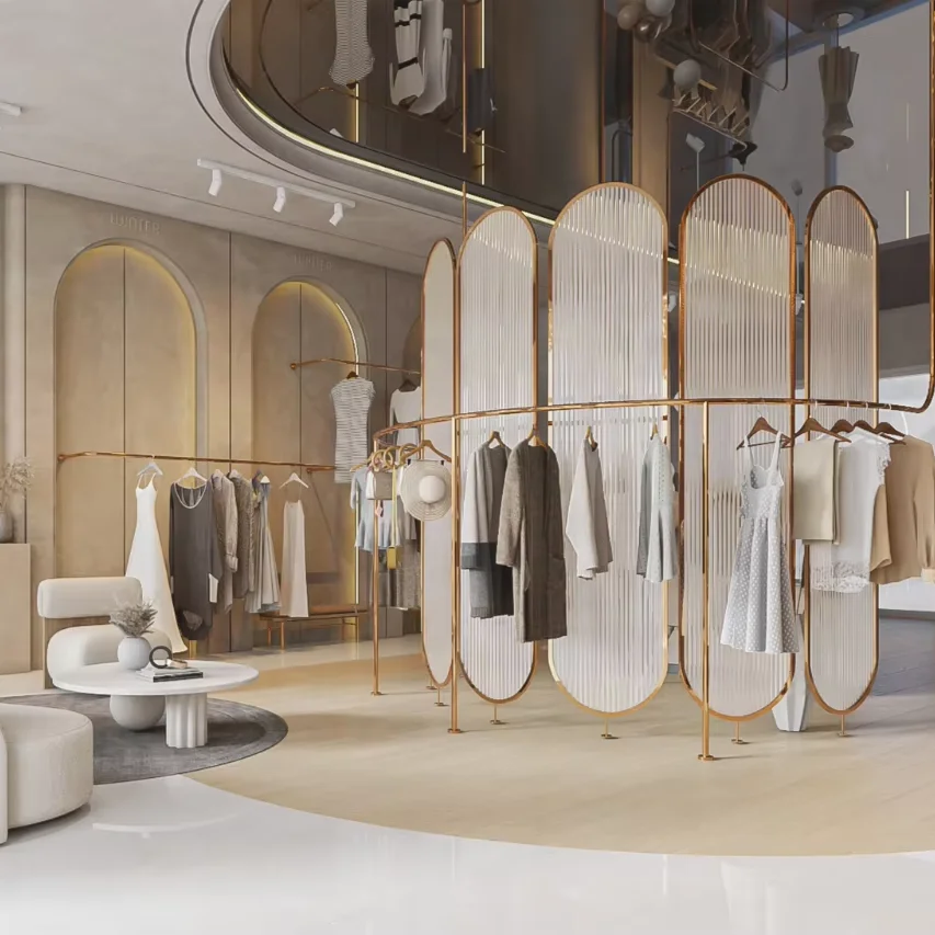 

Customized Luxury Clothing Interior Display Accessories Design Rose Gold Stainless Steel Shelves Delicate Clothing Display Rack