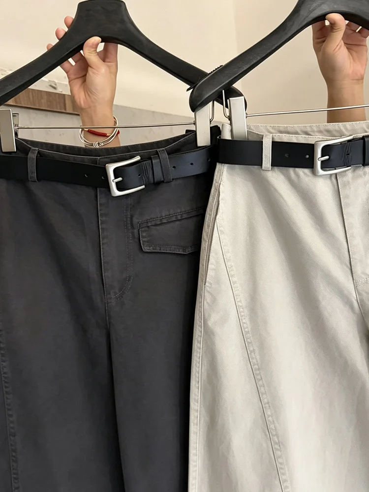 High Waist Wide Leg Seven-Foot Pants Women's Casual Loose Fit Fake Pocket Single Button Autumn Fashion Design Sensation