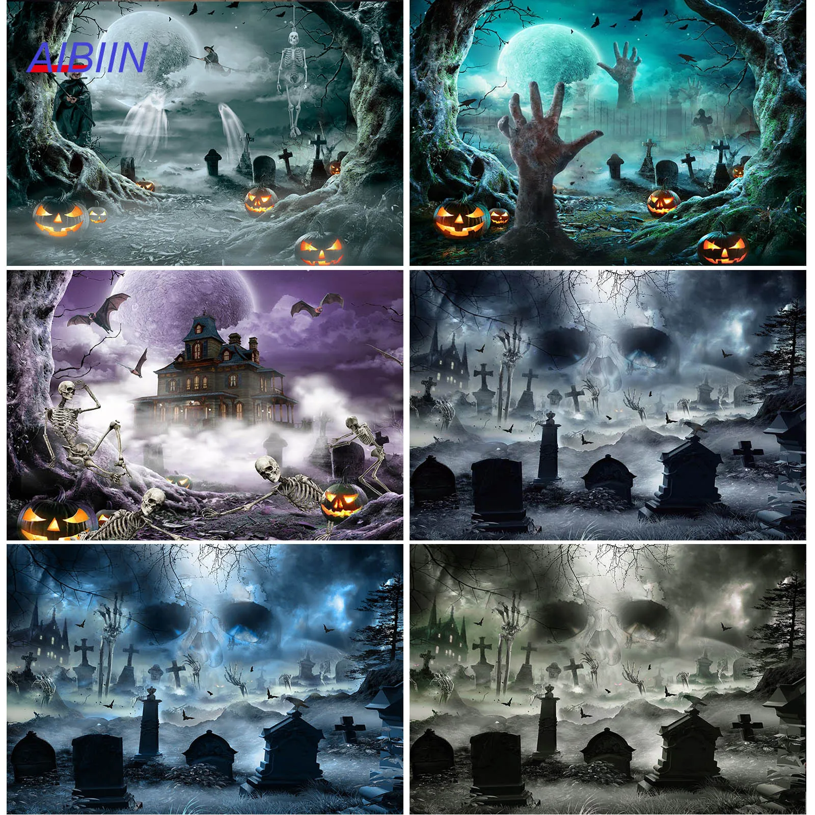 

Halloween Horror Forest Photography Backdrop Moon Skull Ghost Graveyard Pumpkin Lantern Background Kids Portrait Party Decor