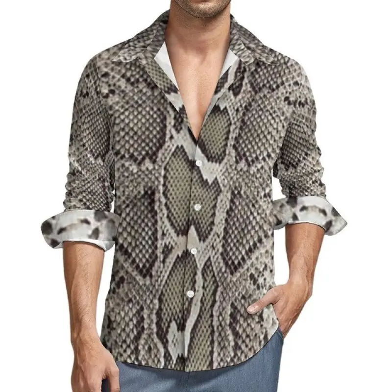 Camisas estampadas com estampa Snakeskin masculinas, blusas de peito único, camisa de manga comprida, tops lapela, streetwear casual, roupas de tendência